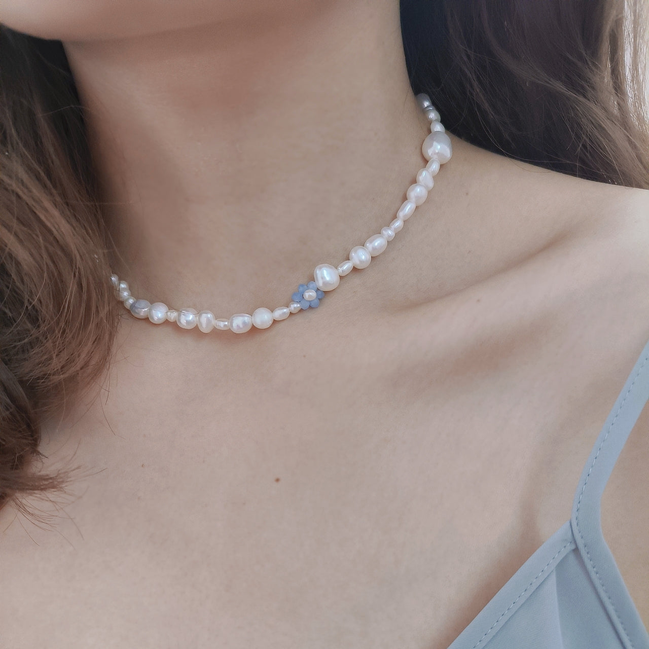 Delicate Blue Blooms Freshwater Pearl Necklace with Faceted Glass Bead