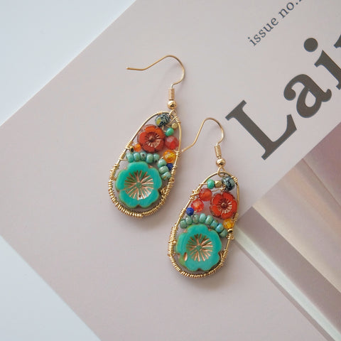 Bohemian Garden Treasures Oval Dangle Earrings Green and Orange Blossoms