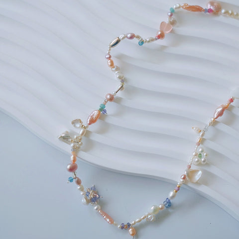 Pearlescent Petal Palette Necklace: Baroque Petal Pearl, Freshwater Pink Pearl, Tanzanite, Silver Bead, Amazonite, and Crystal beads