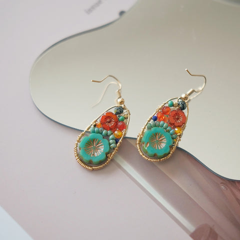 Bohemian Garden Treasures Oval Dangle Earrings Green and Orange Blossoms