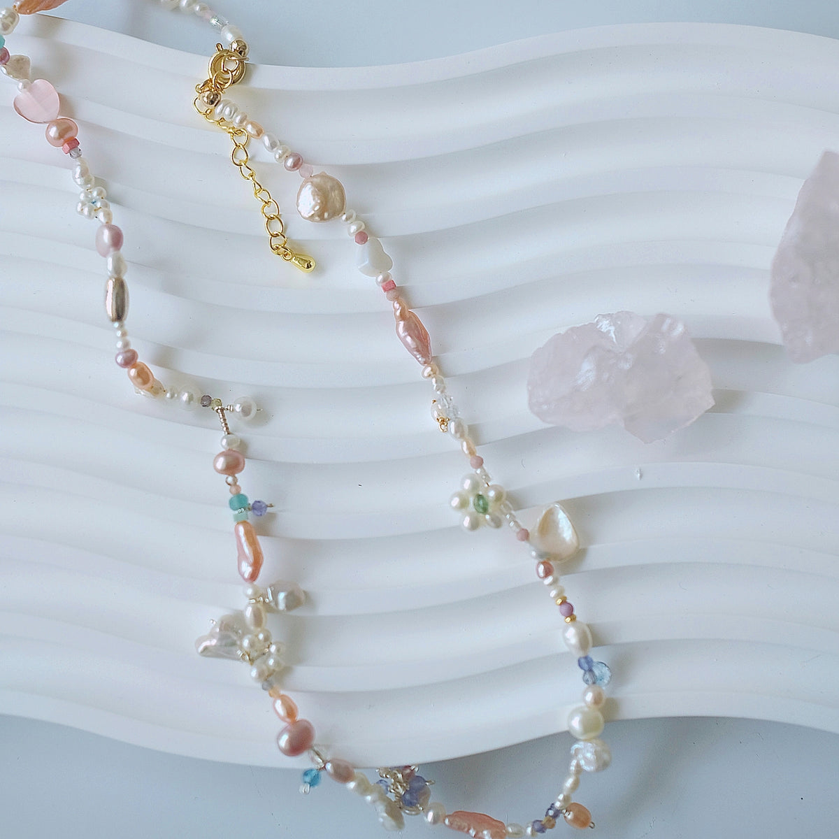 Pearlescent Petal Palette Necklace: Baroque Petal Pearl, Freshwater Pink Pearl, Tanzanite, Silver Bead, Amazonite, and Crystal beads