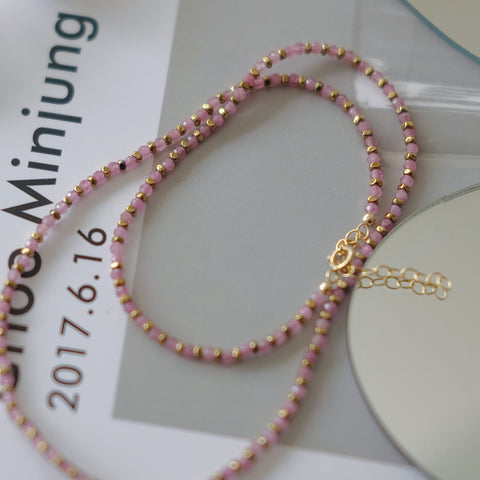 Blushing Elegance: Pink Tourmaline Necklace with Gold-Plated Hematite Beads