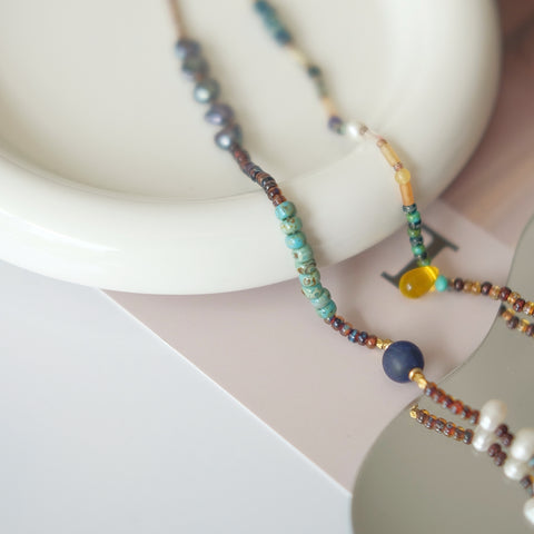 Boho Chic Earth Tones Necklace - Fusion of Exotic Gemstones & Freshwater Pearls