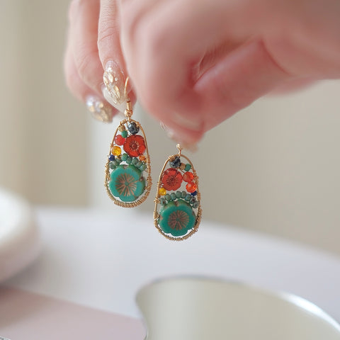 Bohemian Garden Treasures Oval Dangle Earrings Green and Orange Blossoms