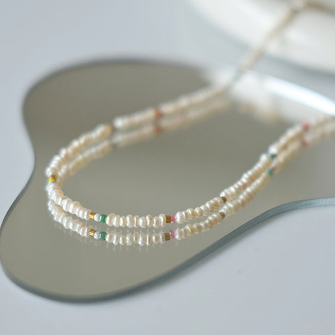 Whispering Colors: Natural Freshwater Pearl Necklace with Miyuki Seed Beads