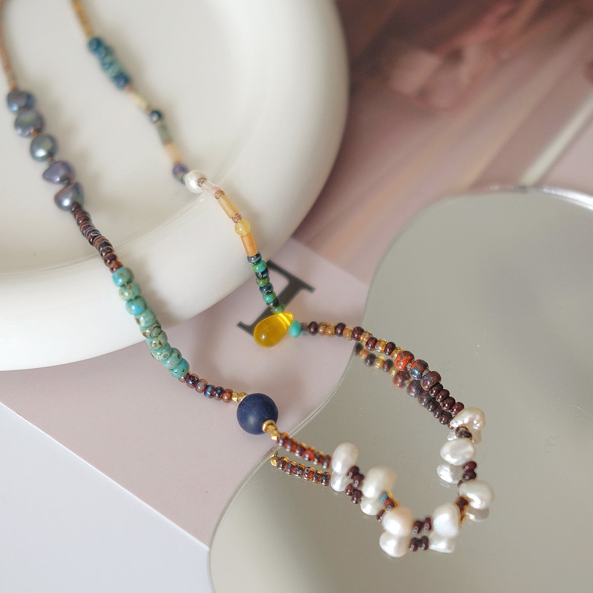 Boho Chic Earth Tones Necklace - Fusion of Exotic Gemstones & Freshwater Pearls