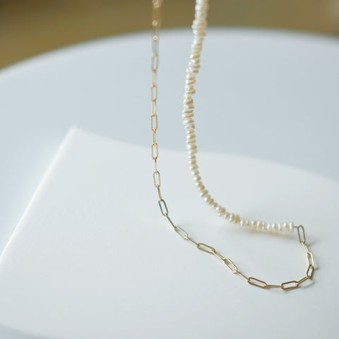 Harmony of Pearls and Gold: Freshwater Pearls & Gold-Plated Paperclip Chain Necklace