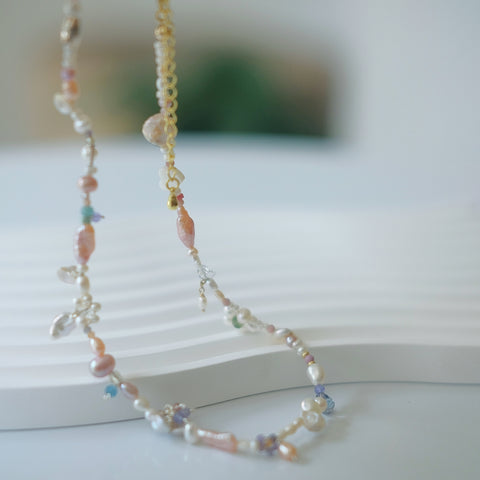 Pearlescent Petal Palette Necklace: Baroque Petal Pearl, Freshwater Pink Pearl, Tanzanite, Silver Bead, Amazonite, and Crystal beads