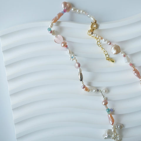 Pearlescent Petal Palette Necklace: Baroque Petal Pearl, Freshwater Pink Pearl, Tanzanite, Silver Bead, Amazonite, and Crystal beads