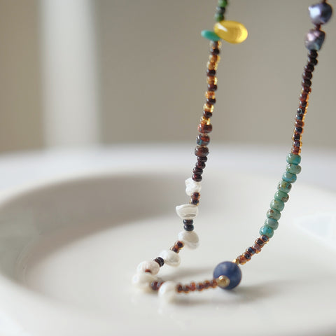 Boho Chic Earth Tones Necklace - Fusion of Exotic Gemstones & Freshwater Pearls