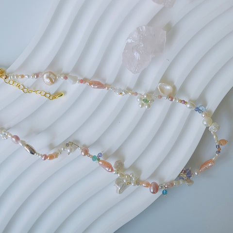 Pearlescent Petal Palette Necklace: Baroque Petal Pearl, Freshwater Pink Pearl, Tanzanite, Silver Bead, Amazonite, and Crystal beads