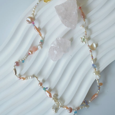 Pearlescent Petal Palette Necklace: Baroque Petal Pearl, Freshwater Pink Pearl, Tanzanite, Silver Bead, Amazonite, and Crystal beads