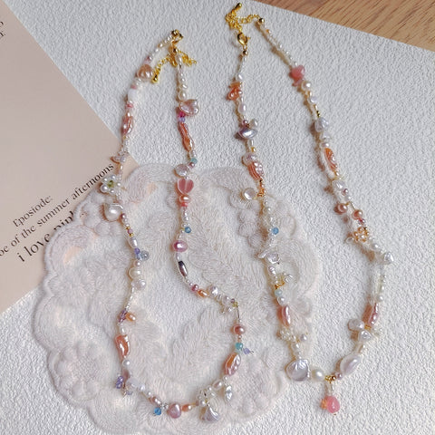 Pearlescent Petal Palette Necklace: Baroque Petal Pearl, Freshwater Pink Pearl, Tanzanite, Silver Bead, Amazonite, and Crystal beads