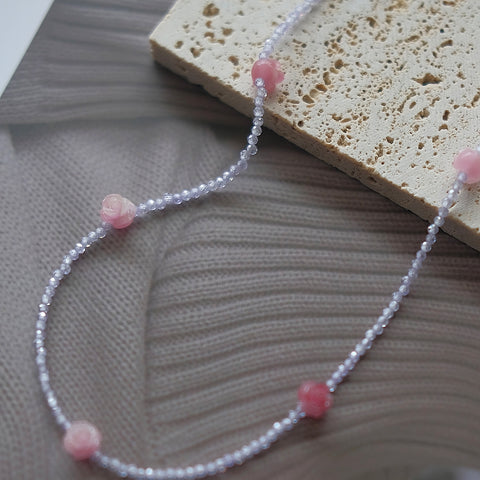 Romantic Serenade: Lavender Amethyst Necklace with Pink Synthetic Coral Roses