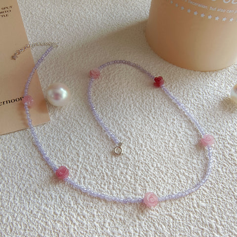 Romantic Serenade: Lavender Amethyst Necklace with Pink Synthetic Coral Roses