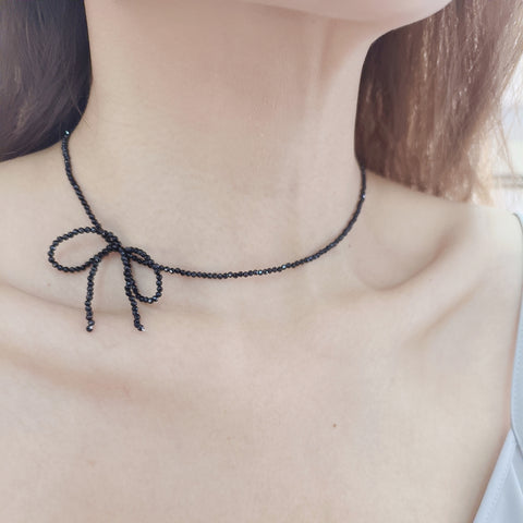 Bow-Tied Noir Choker Necklace with Black Spinel Beads