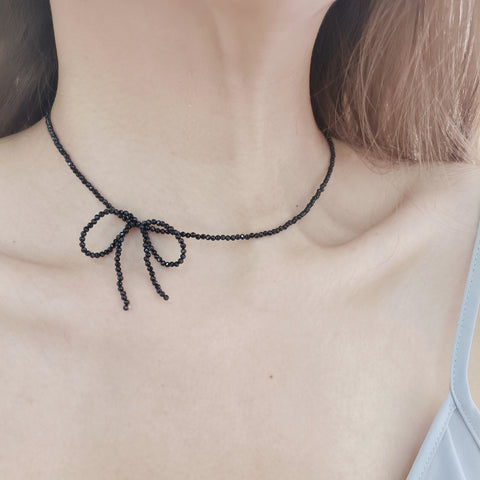 Bow-Tied Noir Choker Necklace with Black Spinel Beads