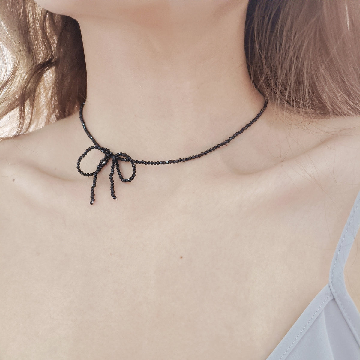 Bow-Tied Noir Choker Necklace with Black Spinel Beads