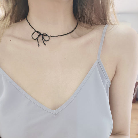 Bow-Tied Noir Choker Necklace with Black Spinel Beads