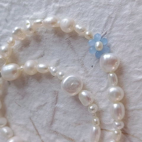 Delicate Blue Blooms Freshwater Pearl Necklace with Faceted Glass Bead Flower