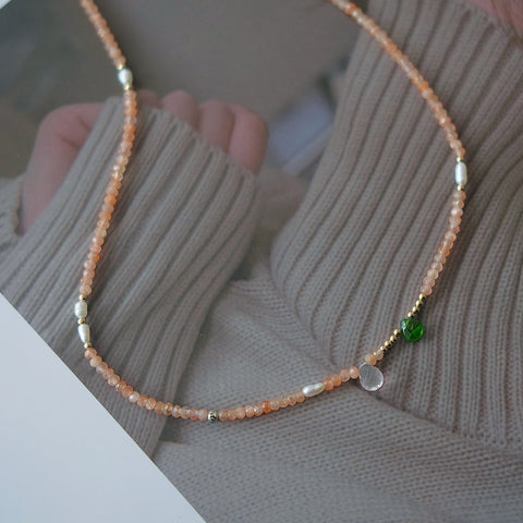 "Iced Peach" Sunstone Necklace with Green Tsavorite and Clear Quartz Droplets