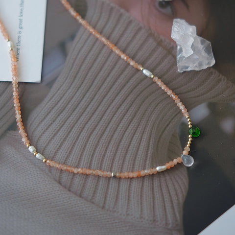 "Iced Peach" Sunstone Necklace with Green Tsavorite and Clear Quartz Droplets