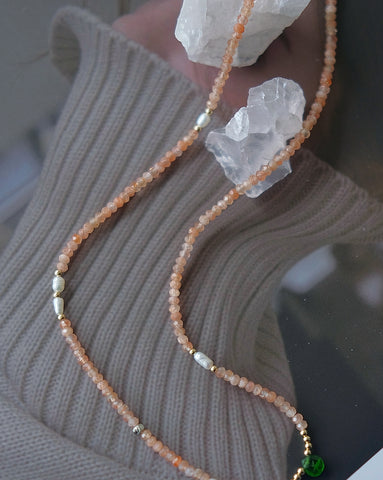 "Iced Peach" Sunstone Necklace with Green Tsavorite and Clear Quartz Droplets