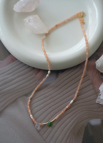 "Iced Peach" Sunstone Necklace with Green Tsavorite and Clear Quartz Droplets