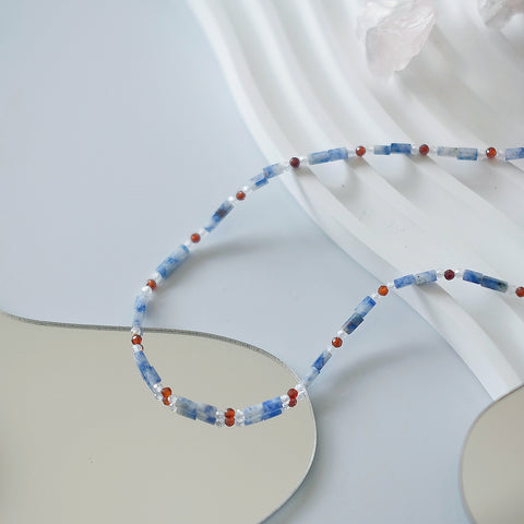 Oceanic Elegance: Cuboid Blue Kyanite Beads Necklace with Clear Quartz and Orange Zircon