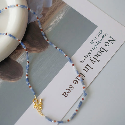 Oceanic Elegance: Cuboid Blue Kyanite Beads Necklace with Clear Quartz and Orange Zircon