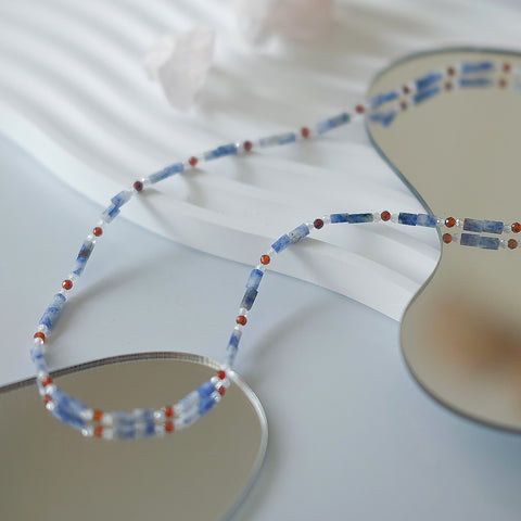 Oceanic Elegance: Cuboid Blue Kyanite Beads Necklace with Clear Quartz and Orange Zircon