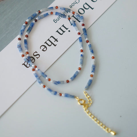 Oceanic Elegance: Cuboid Blue Kyanite Beads Necklace with Clear Quartz and Orange Zircon