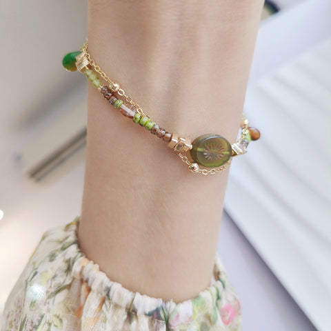 Golden Forest Two-Layer Beaded Bracelet with Peridot Gemstone