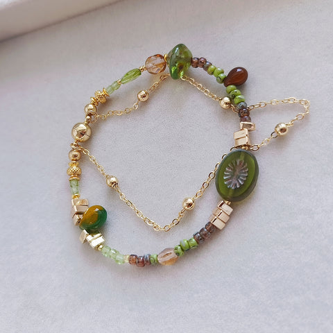 Golden Forest Two-Layer Beaded Bracelet with Peridot Gemstone