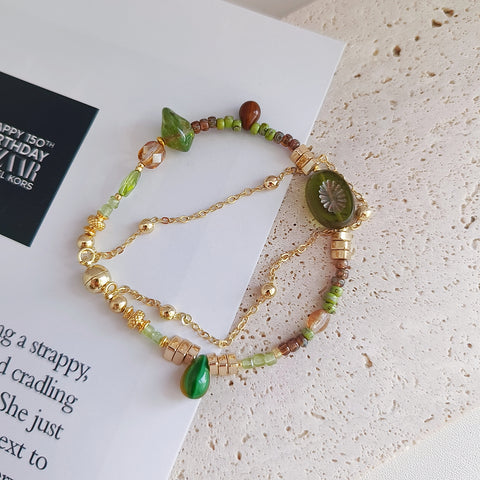 Golden Forest Two-Layer Beaded Bracelet with Peridot Gemstone