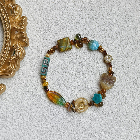 Mythical Cat Bracelet with Czech Glass Beads, Tiger Eye Stone, Miyuki Seed Beads