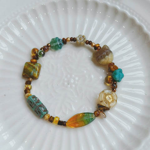 Mythical Cat Bracelet with Czech Glass Beads, Tiger Eye Stone, Miyuki Seed Beads