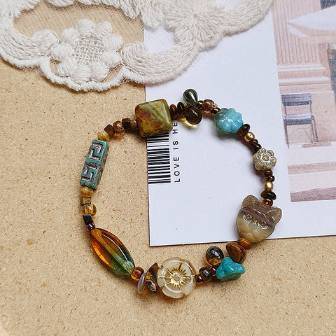 Pulsera de gato mítico con cuentas de vidrio checo, piedra de ojo de tigre, cuentas de semillas Miyuki 