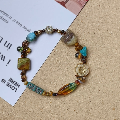 Mythical Cat Bracelet with Czech Glass Beads, Tiger Eye Stone, Miyuki Seed Beads