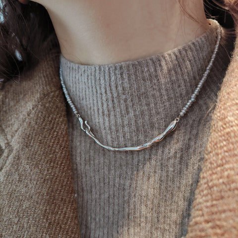 Refined Simplicity Grey Pearl Necklace with Sterling Silver Irregular Streamline