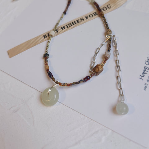 Boho Jade Serenity: Beaded Necklace with Nephrite Hetian Jade Pendant