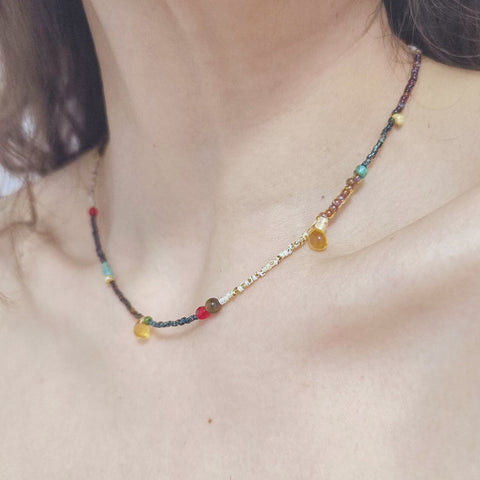 Glass Beaded Necklace- Silver/Gold Multicolor (Big Beads)