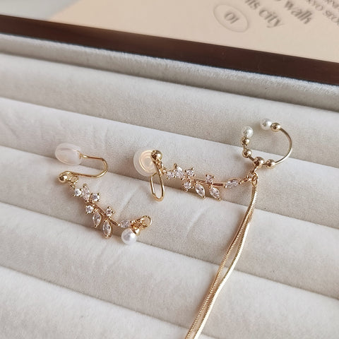 Floral Whispers Asymmetrical 14K Gold Plated Ear Cuff and Clip-on Earrings Set With Pearls and Zircon