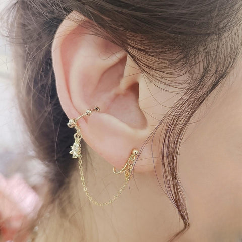 Floral Delight Duo 14K Gold Plated Asymmetrical Ear Cuff and Clip-on Earrings Set With Pearls and Zircon