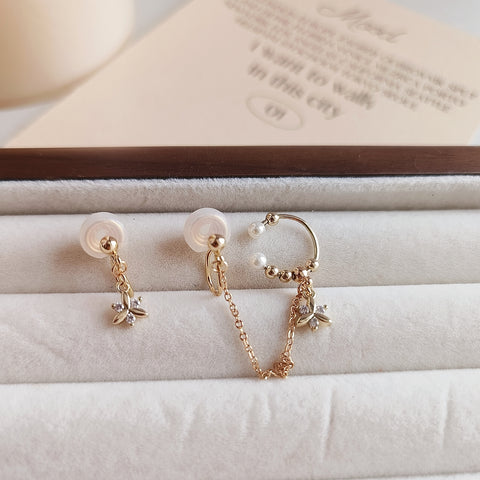 Floral Delight Duo 14K Gold Plated Asymmetrical Ear Cuff and Clip-on Earrings Set With Pearls and Zircon