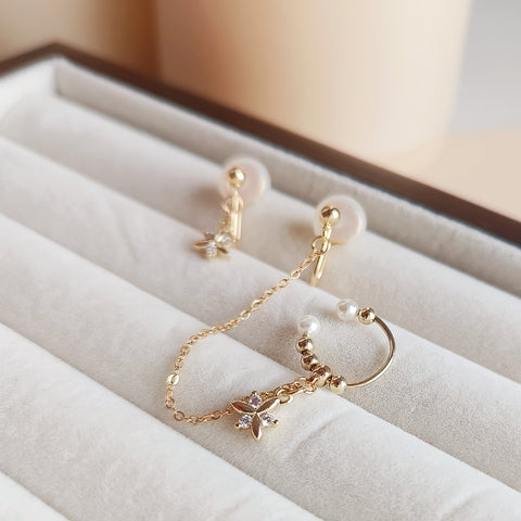 Floral Delight Duo 14K Gold Plated Asymmetrical Ear Cuff and Clip-on Earrings Set With Pearls and Zircon