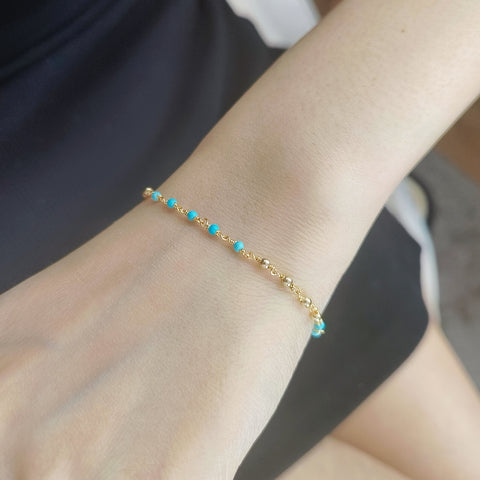 Azure Glamour Turquoise Beaded Bracelet with Gold Filled Chain and Glistening Beads"