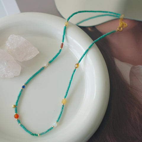 Boho Style Handmade Multi-Gemstone Green Turquoise Necklace with 14K Gold Filled Accent