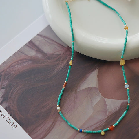 Boho Style Handmade Multi-Gemstone Green Turquoise Necklace with 14K Gold Filled Accent