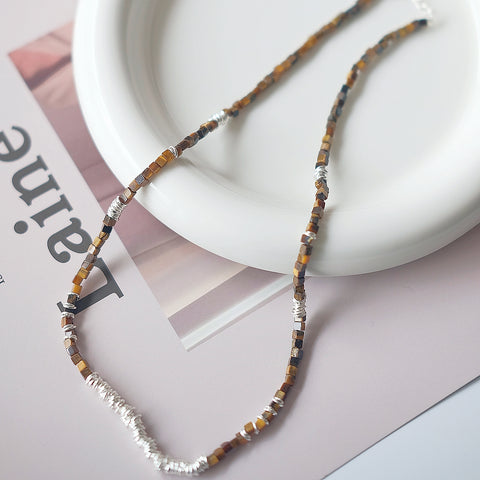 Earthly Elegance: Handcrafted Tiger's Eye Stone Necklace with Sterling Silver Accents